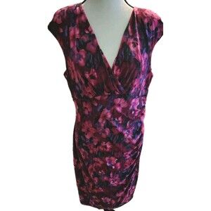 Laura Ralph Lauren Dress Size 14 Floral Sleeveless Shoulder Pads Rushed Stretch